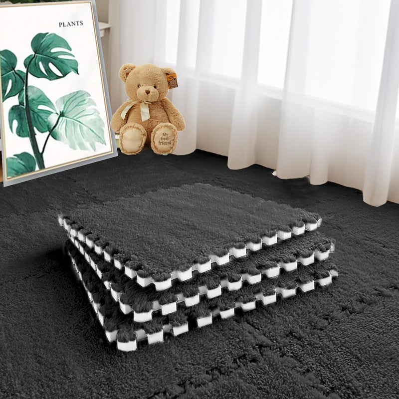 JADERLU 16pcs 0.6" Thickened Interlocking Tile Mats,Fluffy Shaggy Soft EVA Foam Area Rug for Living Room & Bedroom,Non-Slip Protective Floor Carpet Play Mat Kids Baby Dorm Home Decor (11.8ft, Black) - Image 1